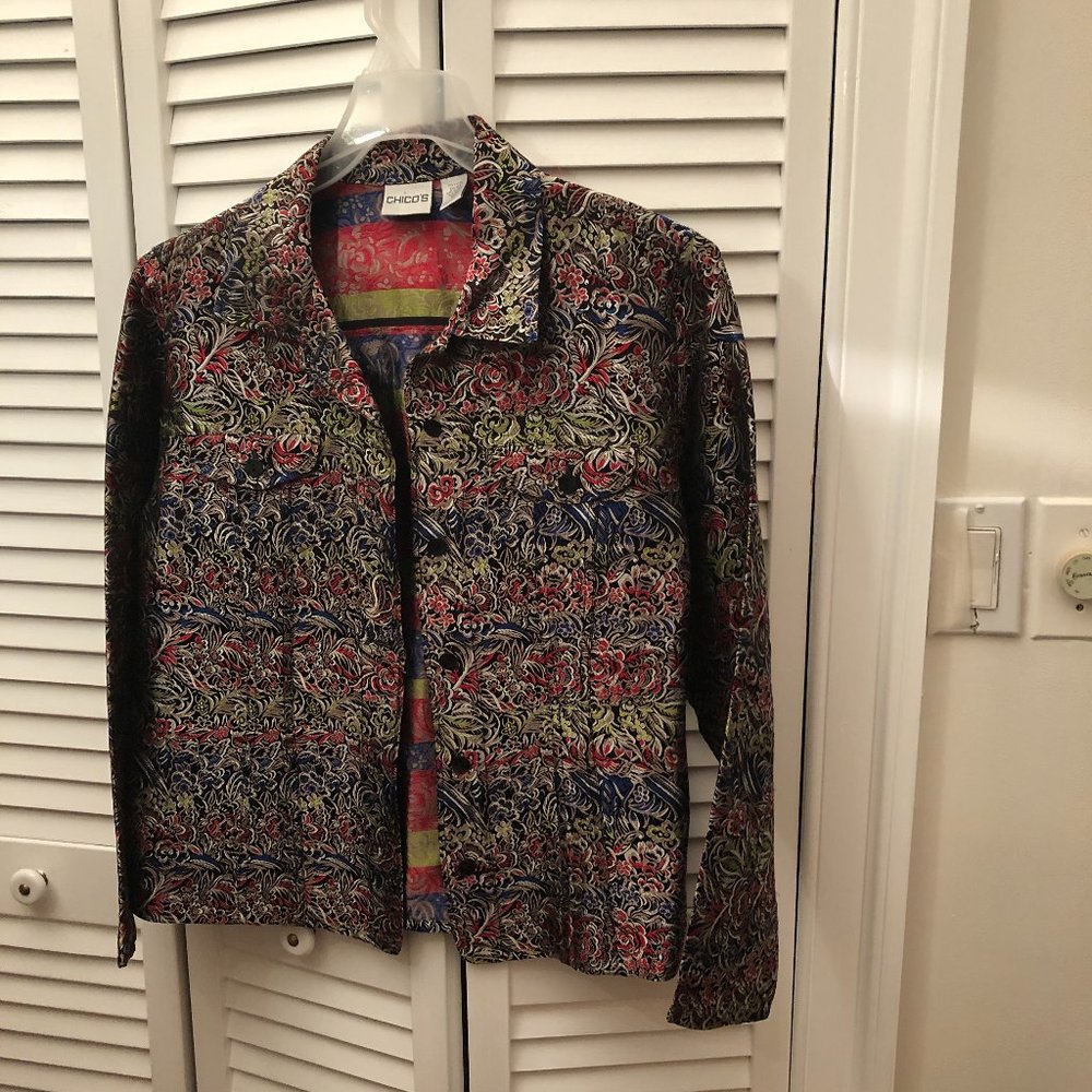 Chico's women jacket shirt silk-blend floral shiny print, 12 (Chico's 2)